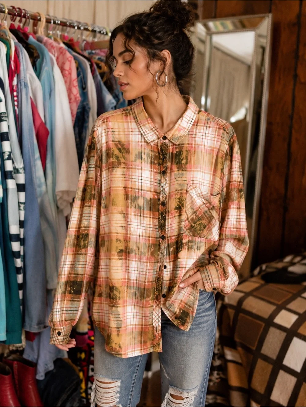 the Rolling Stones Plaid Button-Down Shirt in Pink, Brown & Yellow Patch Ptp 31